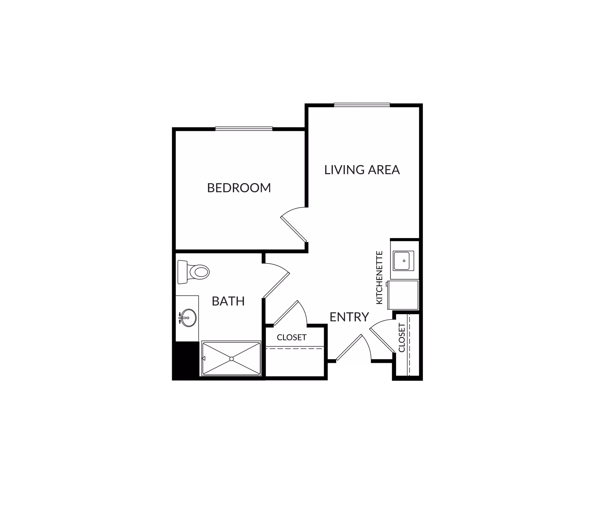 Black-and-white floor plan of a one-bedroom unit showing a bedroom, living area, kitchenette, bath, entry and closets.