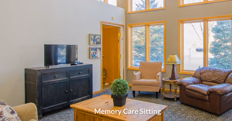 A bright common living room with a TV on a cabinet, armchairs, a leather sofa, a coffee table and large windows.