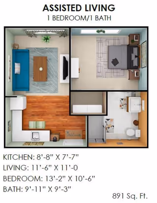 Floor plan of an assisted living unit with one bedroom and one bathroom. The layout includes a kitchen with L-shaped counters, a living room with a sofa and coffee table, a bedroom with a bed and nightstands, and a bathroom with a toilet, sink, and shower. Dimensions for each room are provided below the floor plan.