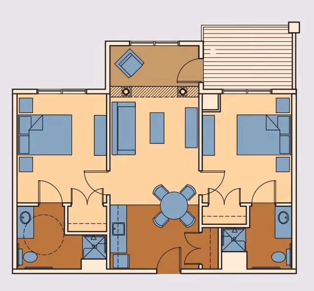 Floor plan of a two-bedroom apartment featuring two bedrooms each with a bed and nightstands, two bathrooms with toilets and showers, a central living room with sofa, chairs, and coffee table, a dining area with a round table and four chairs, and a balcony with a chair.