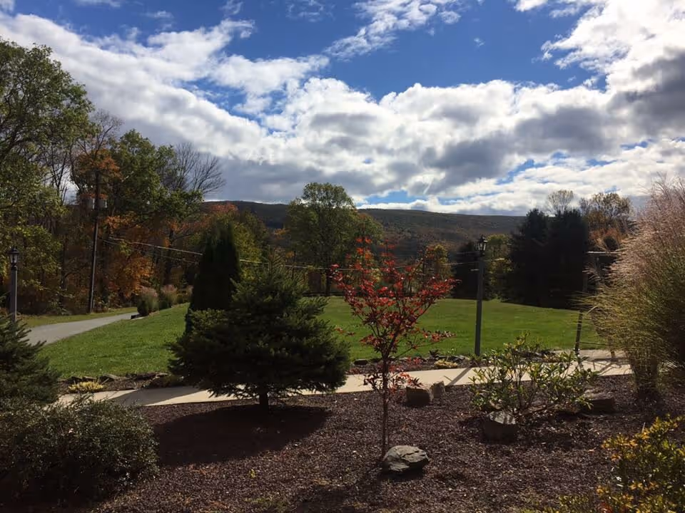 A landscaped outdoor area with various trees and shrubs, a paved walkway, grassy lawn, and a backdrop of hills under a partly cloudy blue sky.