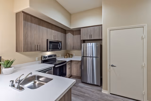 Modern kitchen with stainless steel refrigerator, oven, microwave, and dishwasher. The kitchen features wood cabinets, white countertops, a stainless steel sink with a faucet, and a small potted plant on the counter. There is a closed beige door on the right side.