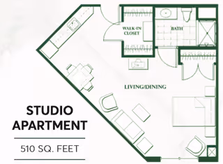 Floor plan of a studio apartment at Oakmont Northville showing a combined living and dining area, a walk-in closet, a bathroom, and a sleeping area with furniture layout. The total area is 510 square feet.