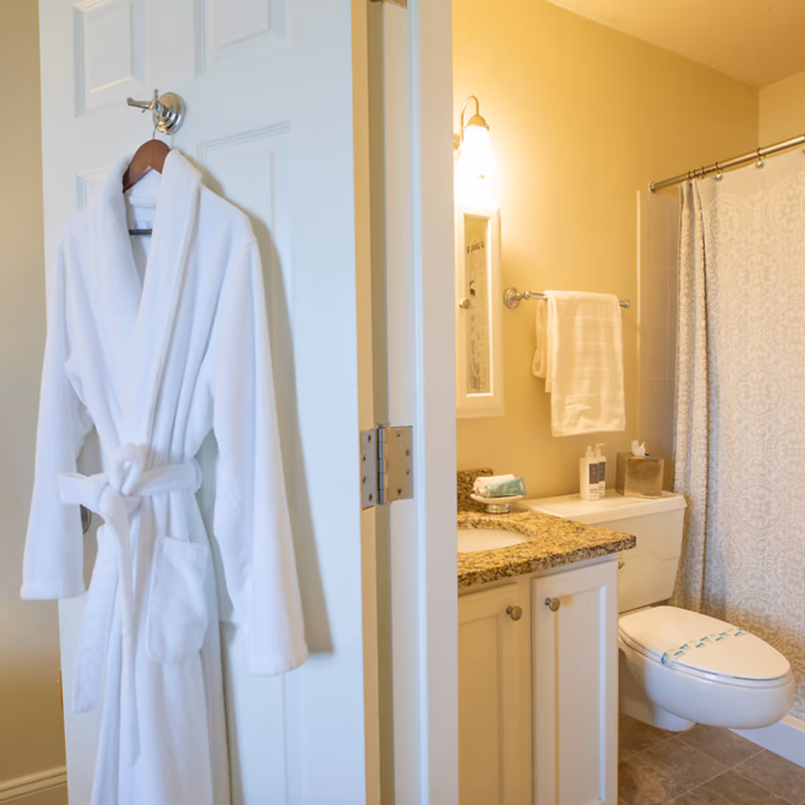A bathroom with a white bathrobe hanging on the back of a door. Inside the bathroom, there is a granite countertop with a sink, a white cabinet below, a toilet with a sanitary seal, a tissue box, a soap dispenser, a towel hanging on a rack, and a shower with a patterned curtain.