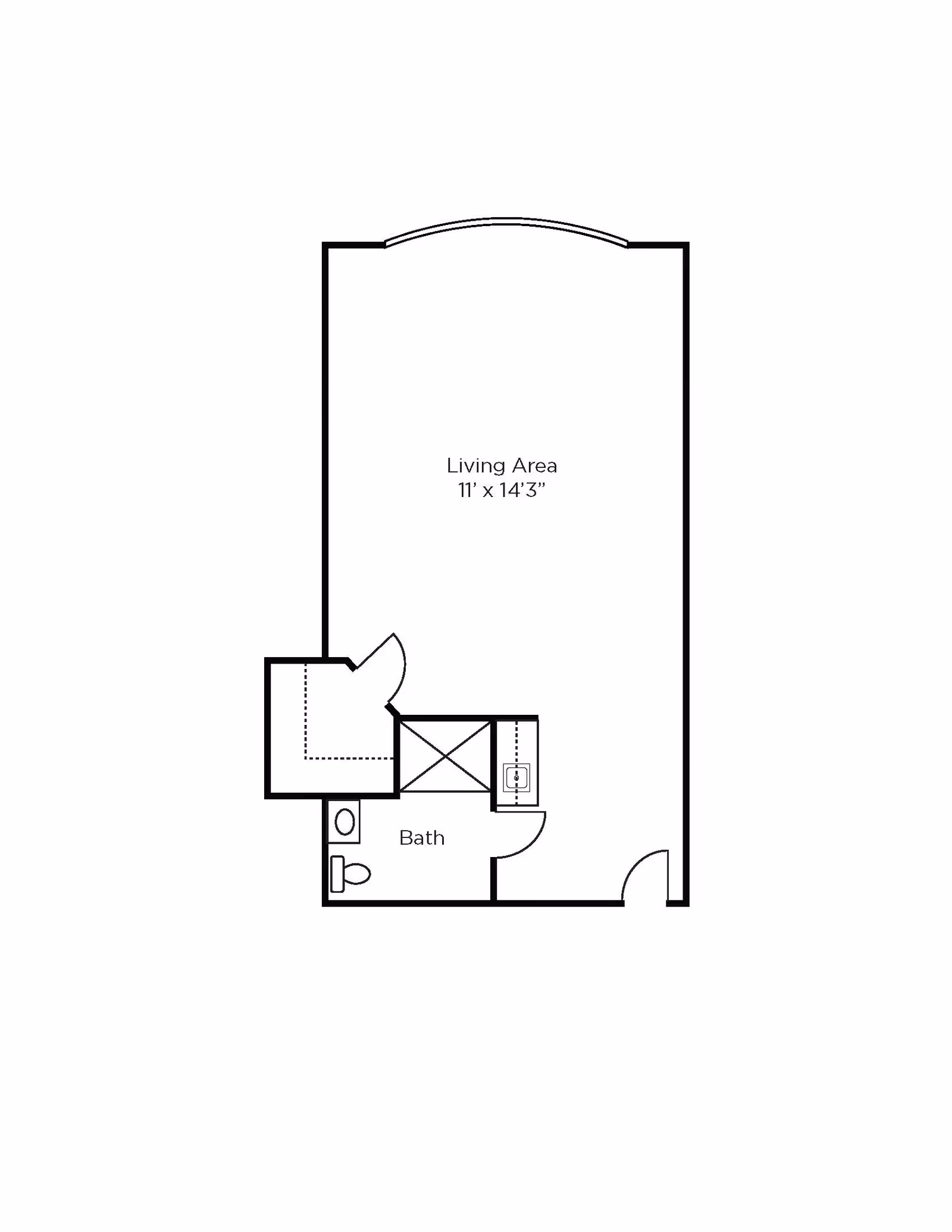 Floor plan of a living area measuring 11 feet by 14 feet 3 inches, including a bathroom with a toilet and sink.