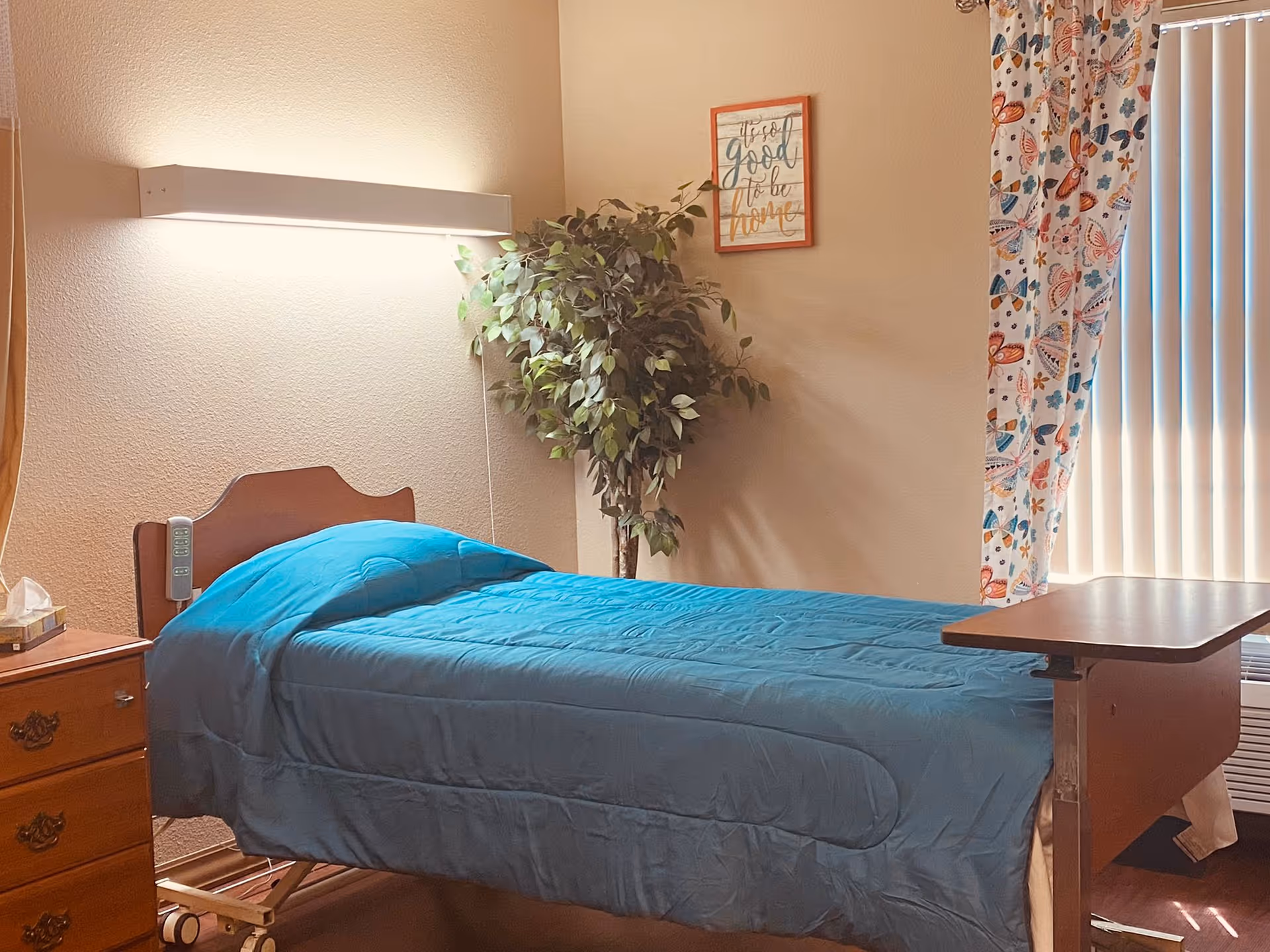 A single bed with a blue blanket in a room, next to a wooden nightstand with a box of tissues on it. There is a potted plant in the corner, a wall-mounted light above the bed, a framed sign on the wall that says 'It's so good to be home,' and a window with vertical blinds and colorful butterfly-patterned curtains.