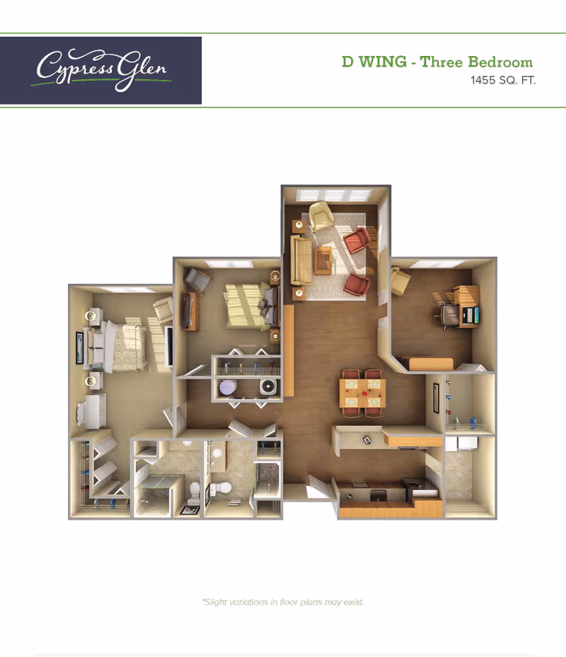Top-down colored floor plan labeled "Cypress Glen D WING - Three Bedroom" showing a three-bedroom apartment with living, dining, kitchen, and bathrooms.