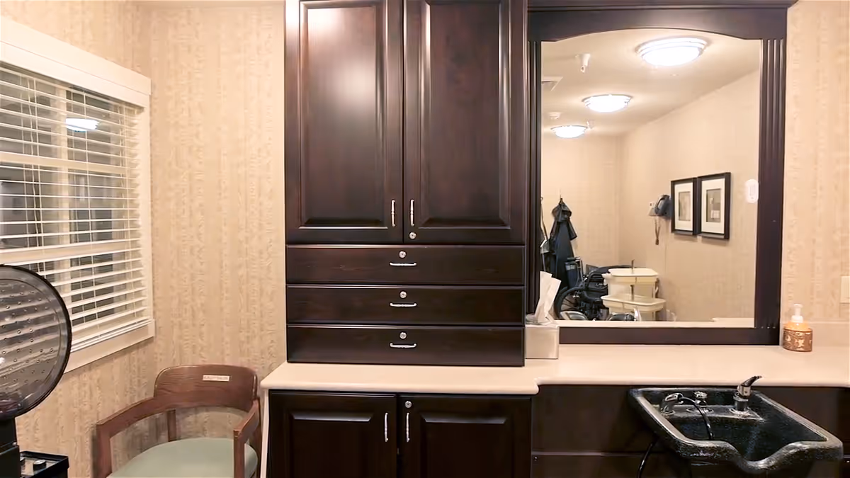 Interior grooming station with dark wood cabinets, a countertop sink, a large mirror, and a chair by a window.