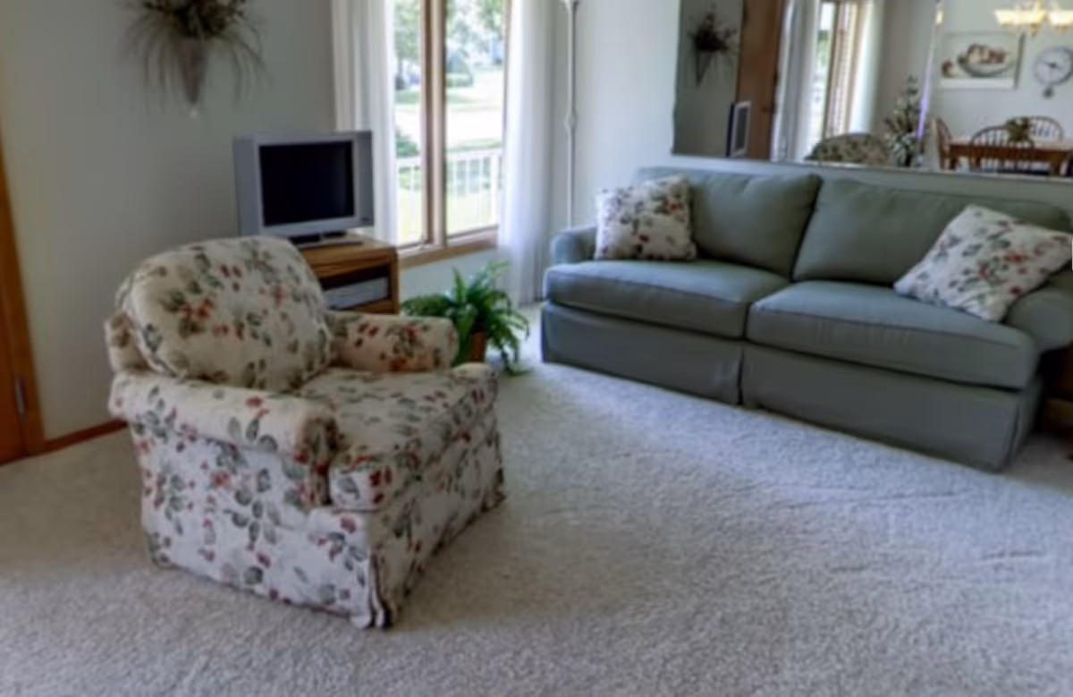 A cozy living room with a floral-patterned armchair and a light green sofa with floral cushions. There is a small TV on a wooden stand near a window with white curtains, and a green potted plant on the floor. A large mirror on the wall reflects a dining area with a wooden table and chairs.