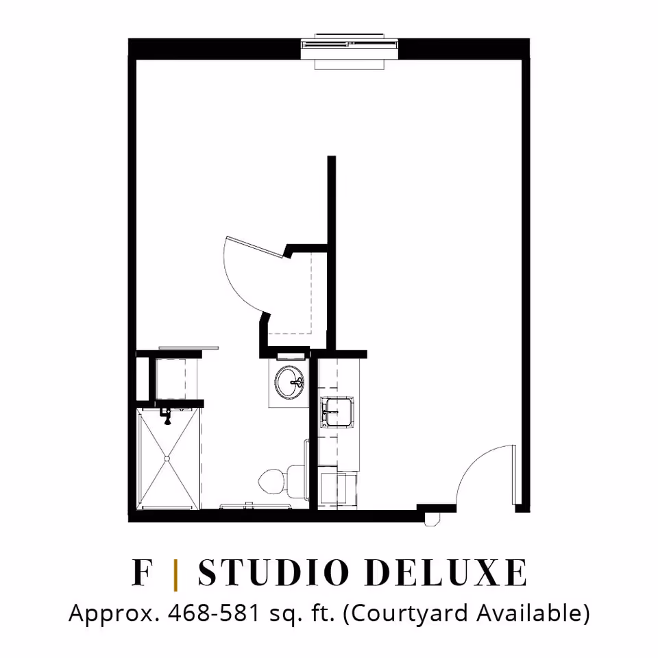 Architectural floor plan of a studio deluxe apartment with an approximate area of 468-581 square feet, showing a main living area, a bathroom with a shower, toilet, and sink, and a small kitchen area. The layout includes doors and windows with a note indicating courtyard availability.