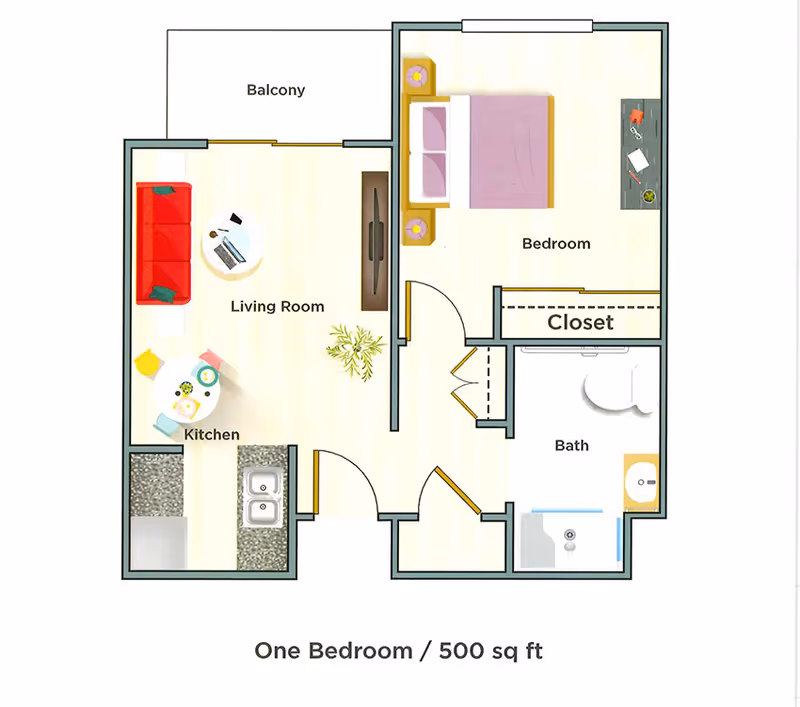 Floor plan of a one-bedroom senior living apartment with 500 square feet, featuring a bedroom with a bed and nightstands, a closet, a bathroom with a shower and sink, a living room with a red sofa and TV, a kitchen with a sink and dining table, and a balcony.