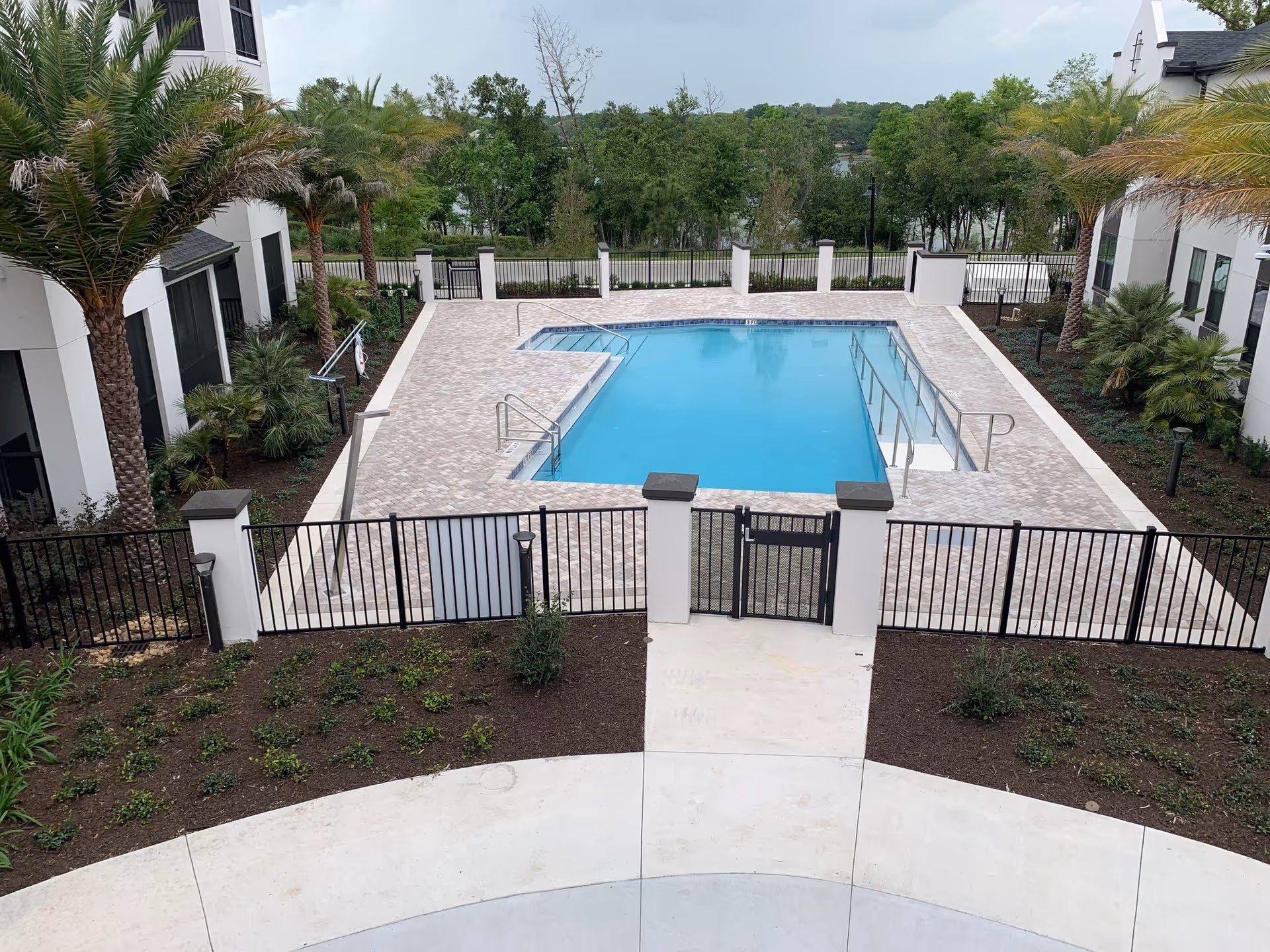 Outdoor rectangular swimming pool with a paved deck, black metal fence, palm trees, and adjacent white buildings.