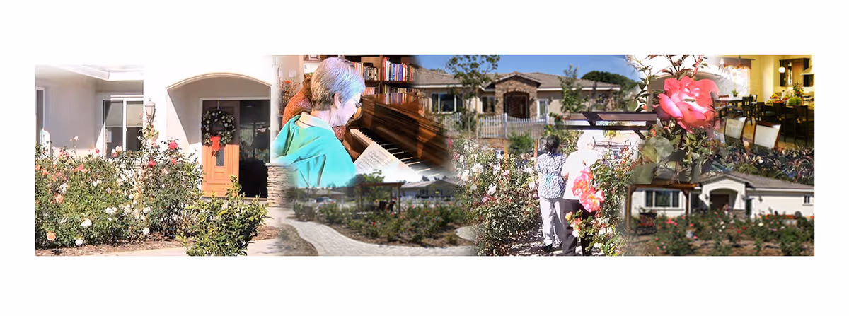 Collage of Silver Oaks Country Estates II exterior, entryway, and garden with residents.