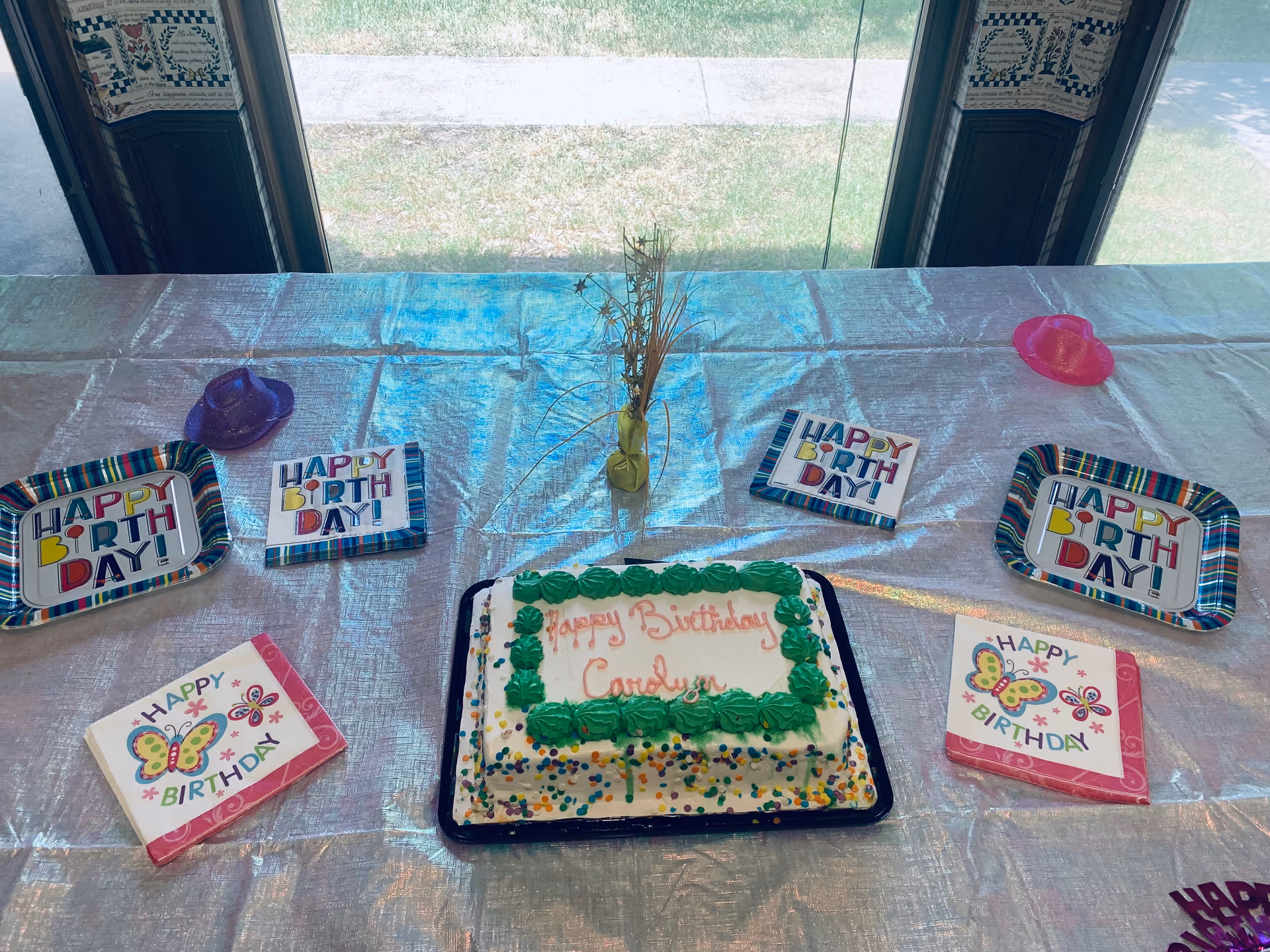 A birthday celebration setup on a table covered with a shiny silver tablecloth. There is a rectangular birthday cake with green icing and colorful sprinkles, with the message 'Happy Birthday Carolyn' written on it. Surrounding the cake are colorful 'Happy Birthday' plates and napkins, along with small decorative hats and a small vase with dried flowers. The table is positioned in front of a large window showing grass outside.