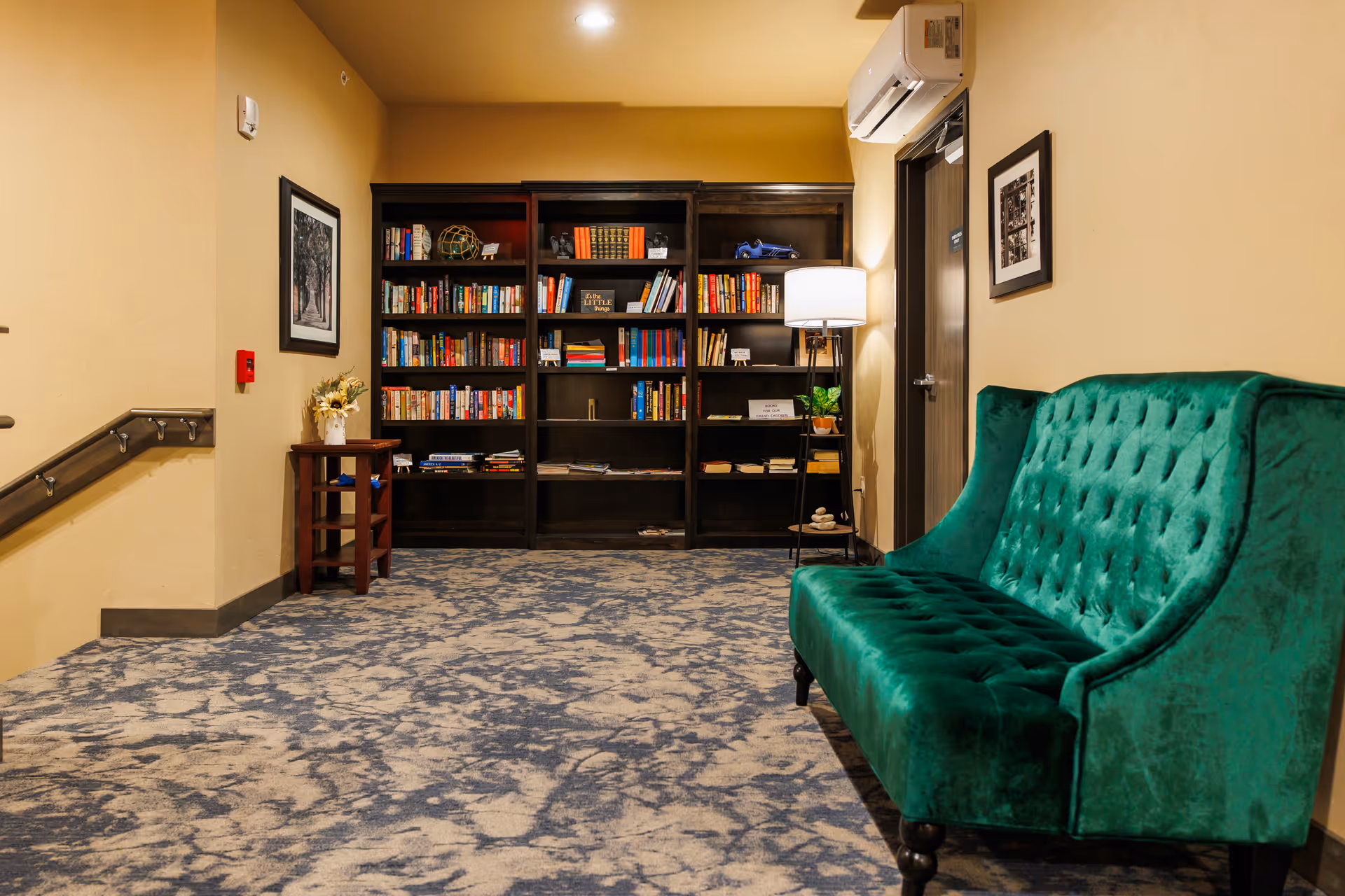 Carpeted lounge area with a green tufted sofa, bookshelves filled with books, a floor lamp, and framed wall art.