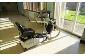 A stationary exercise bike positioned near large windows with sunlight streaming in, overlooking a green outdoor area.