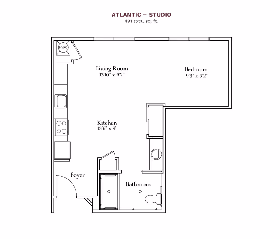 Floor plan of a studio apartment named Atlantic with a total area of 491 square feet, showing a living room, bedroom, kitchen, foyer, and bathroom with labeled dimensions.