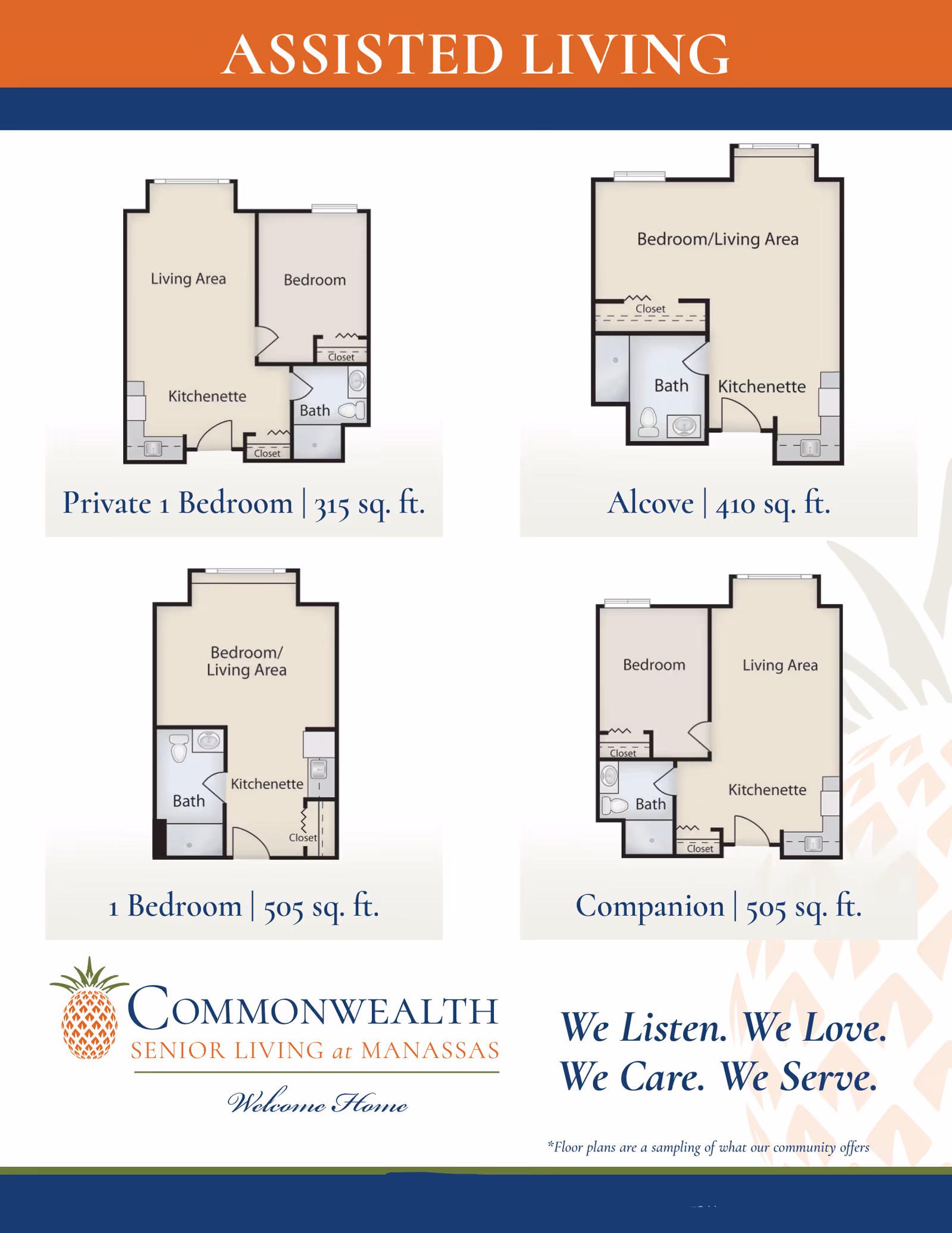 Floor plans for assisted living units at Commonwealth Senior Living at Manassas, showing layouts for Private 1 Bedroom (315 sq. ft.), Alcove (410 sq. ft.), 1 Bedroom (505 sq. ft.), and Companion (505 sq. ft.) units, each with labeled areas including living area, bedroom, kitchenette, bath, and closets.
