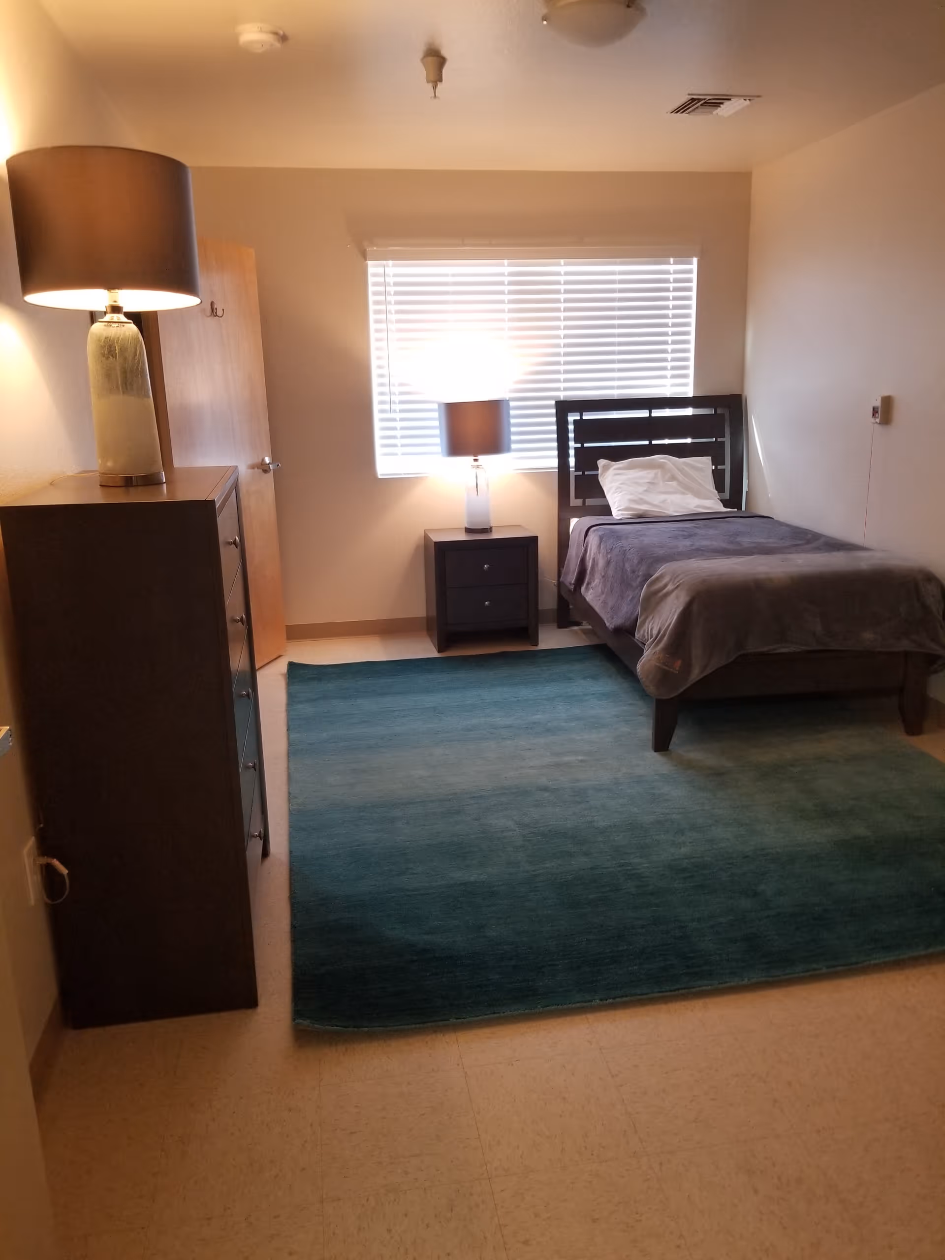 A simple bedroom with a single bed covered with a gray blanket and a white pillow. Next to the bed is a small dark nightstand with a lamp on it. A large teal area rug covers part of the floor. On the left side of the room, there is a tall dark dresser with a lamp on top. A window with closed blinds is on the back wall, and a wooden door is partially visible to the left.