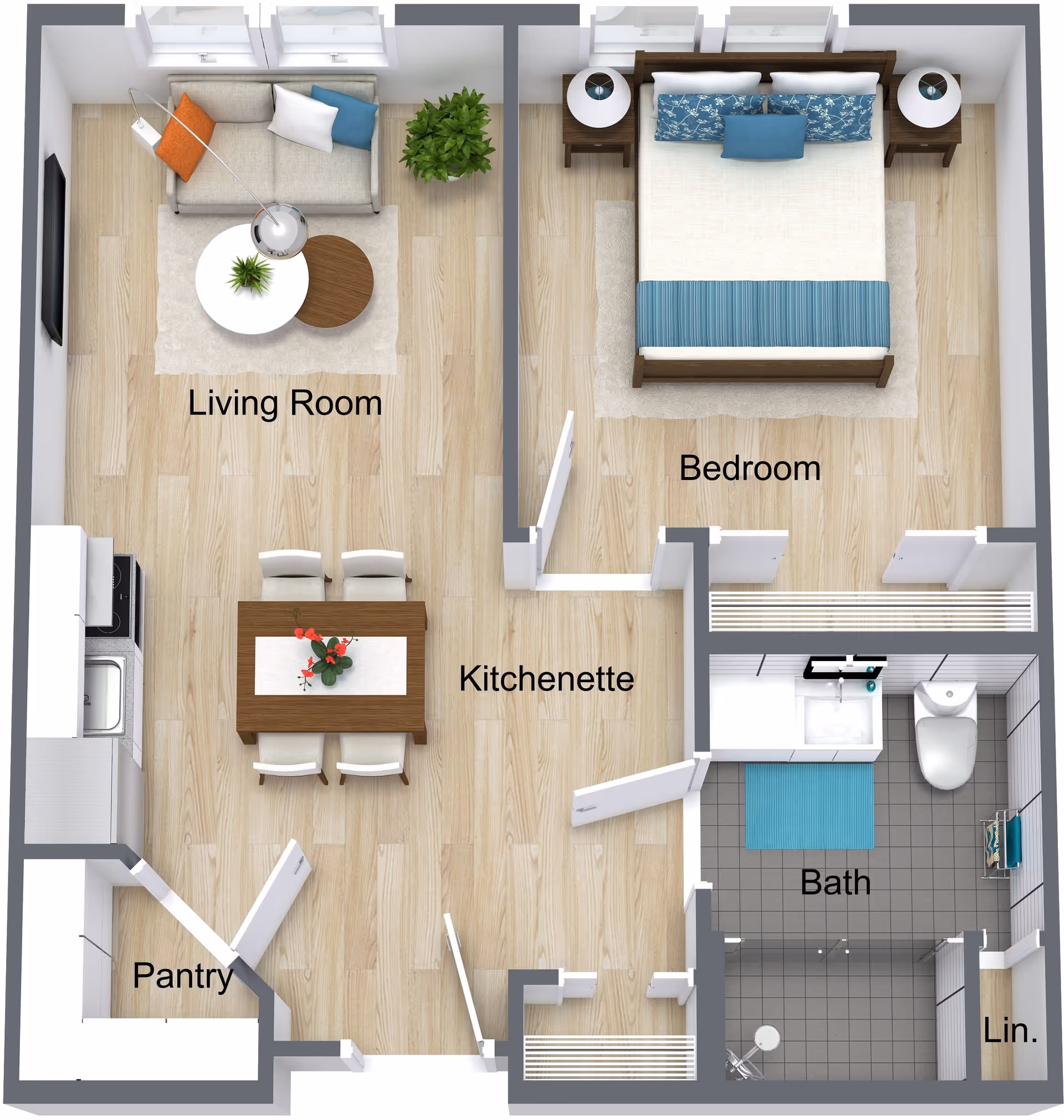 Top-down view of a one-bedroom apartment floor plan showing a living room with a sofa, coffee tables, and a TV, a bedroom with a bed and nightstands, a kitchenette with a dining table and chairs, a pantry, and a bathroom with a sink, toilet, and shower.