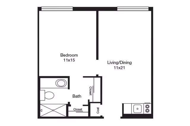 Floor plan of a one-bedroom apartment at Remington Heights Retirement Community showing a bedroom measuring 11 by 15 feet, a combined living and dining area measuring 11 by 21 feet, a bathroom with a shower and toilet, and closets including a coat closet near the entrance. The kitchen area includes a sink and stove.