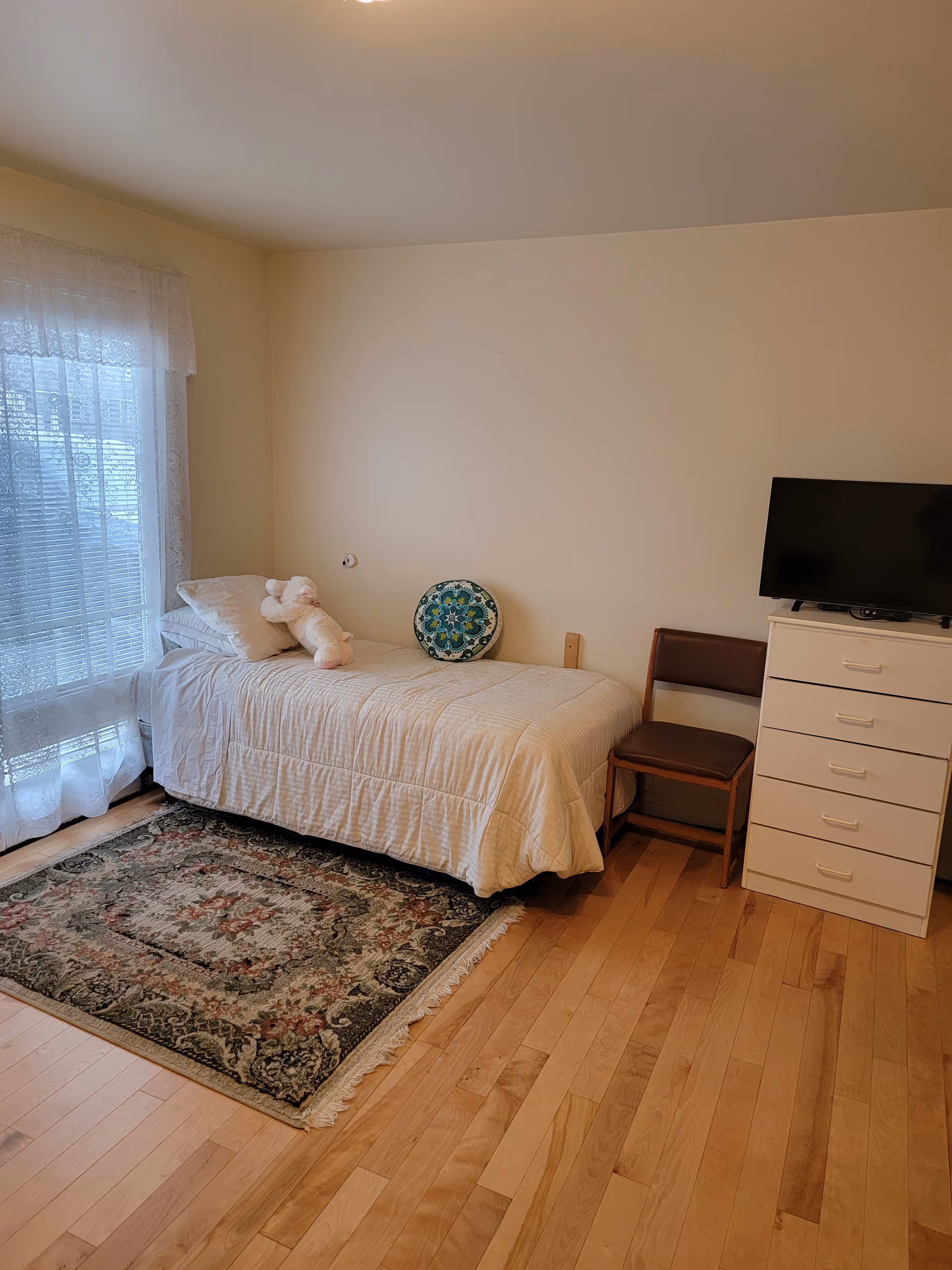 Simple bedroom with a single bed topped by a stuffed bear and decorative pillow, a dresser with a TV, a chair, a patterned area rug, and a window with lace curtains.