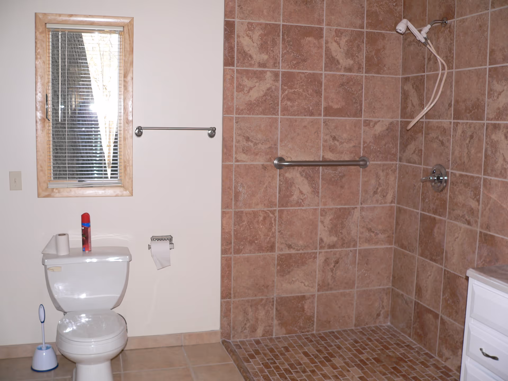 Bathroom with a white toilet, a toilet brush, a roll of toilet paper on the tank, and an air freshener. There is a window with blinds above the toilet. To the right is a walk-in shower with brown tiled walls and floor, a grab bar, and a handheld showerhead. A white vanity cabinet is partially visible on the far right.