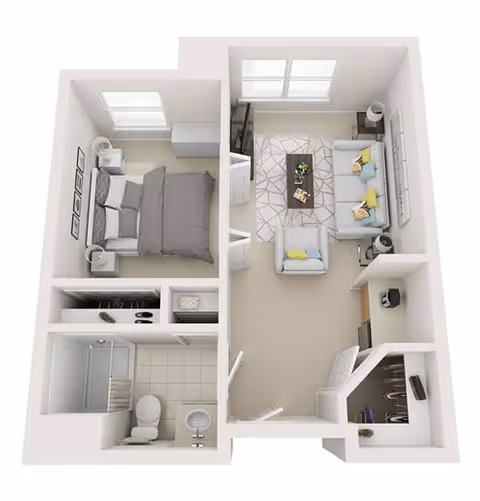 3D top-down floor plan of a one-bedroom apartment showing a bedroom, bathroom, living room with seating, and a small kitchen/entry.
