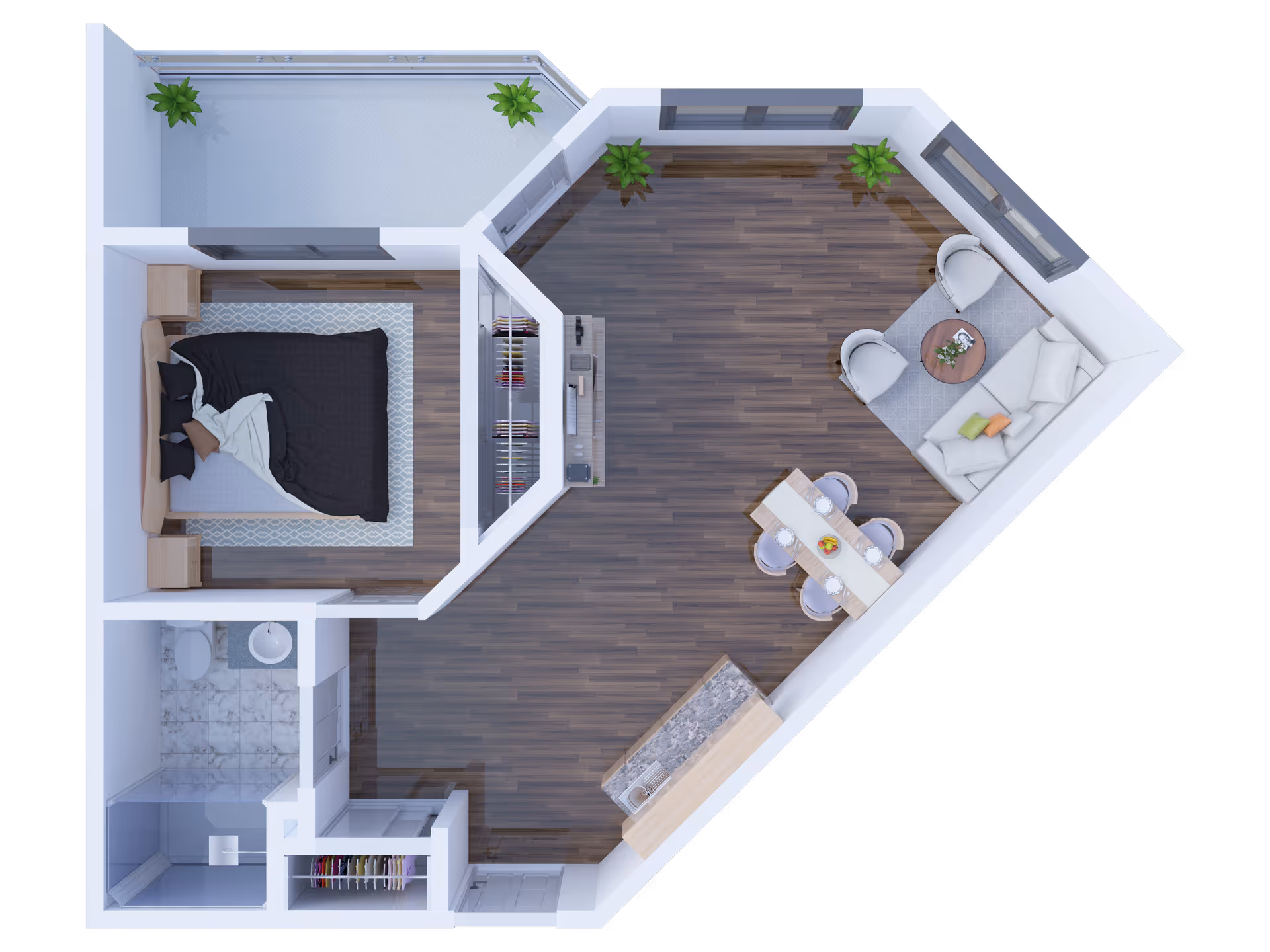 Top-down view of a one-bedroom apartment floor plan featuring a bedroom with a bed and nightstands, a bathroom with a shower, sink, and toilet, a kitchen area with a counter and sink, a dining table with four chairs, a living room with a sofa, two armchairs, a coffee table, and several potted plants, along with a balcony area with two plants.