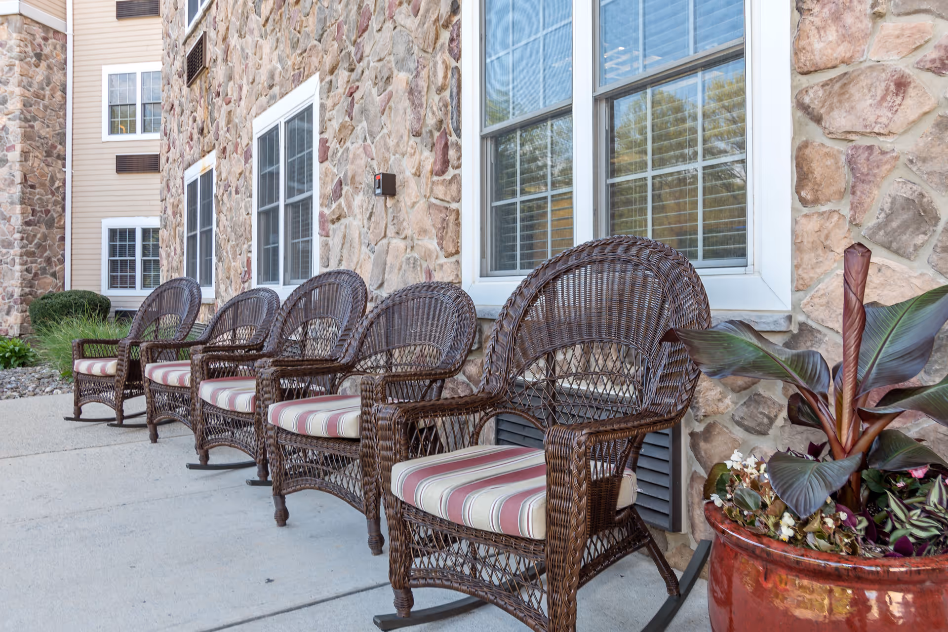 A row of five brown wicker rocking chairs with striped cushions lined up on a concrete patio outside a stone building with white-framed windows. A large red planter with green and purple foliage is visible on the right side.