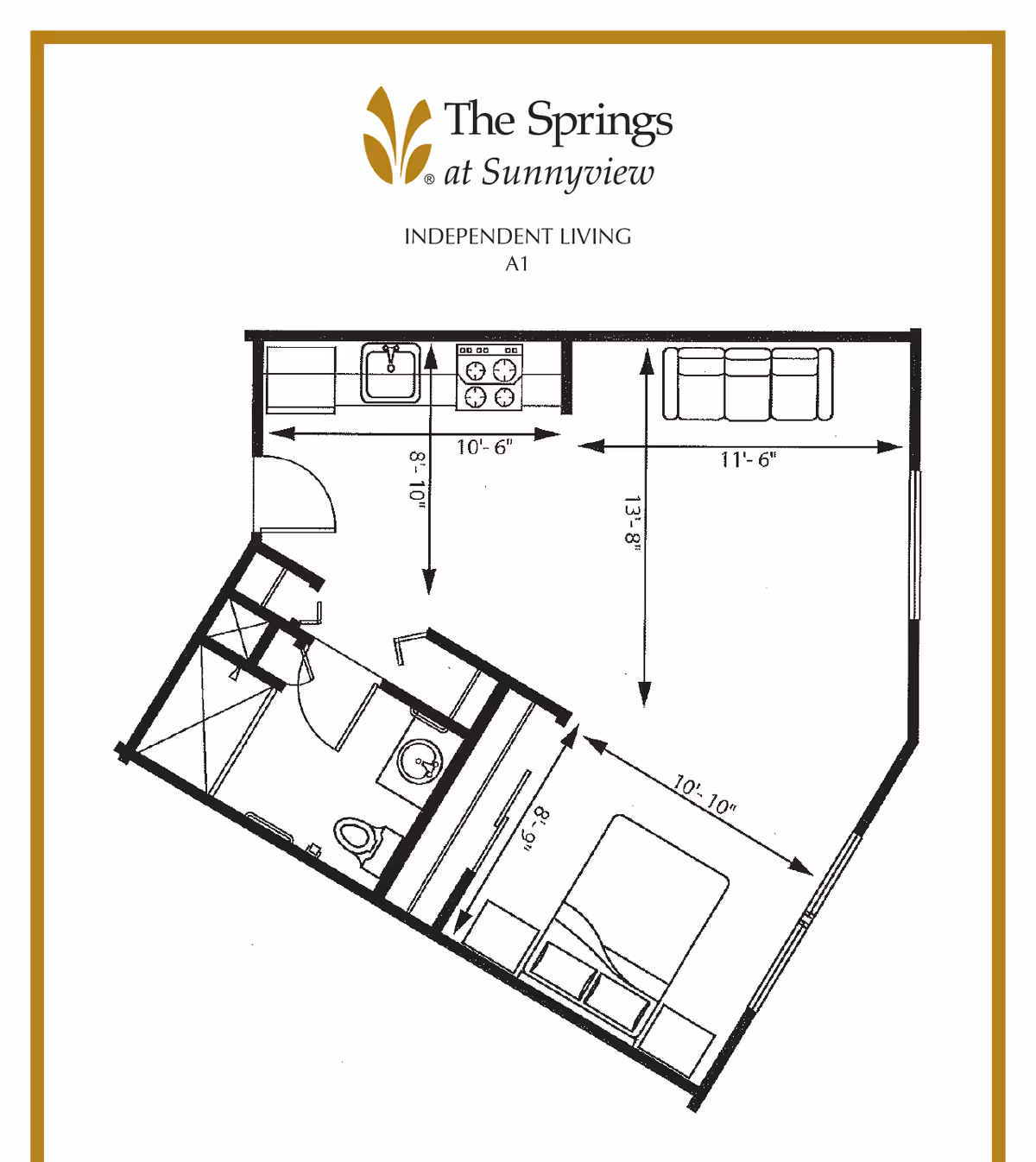 Floor plan layout for an independent living unit A1 at The Springs at Sunnyview, showing a combined living and bedroom area, a kitchen, and a bathroom with dimensions.