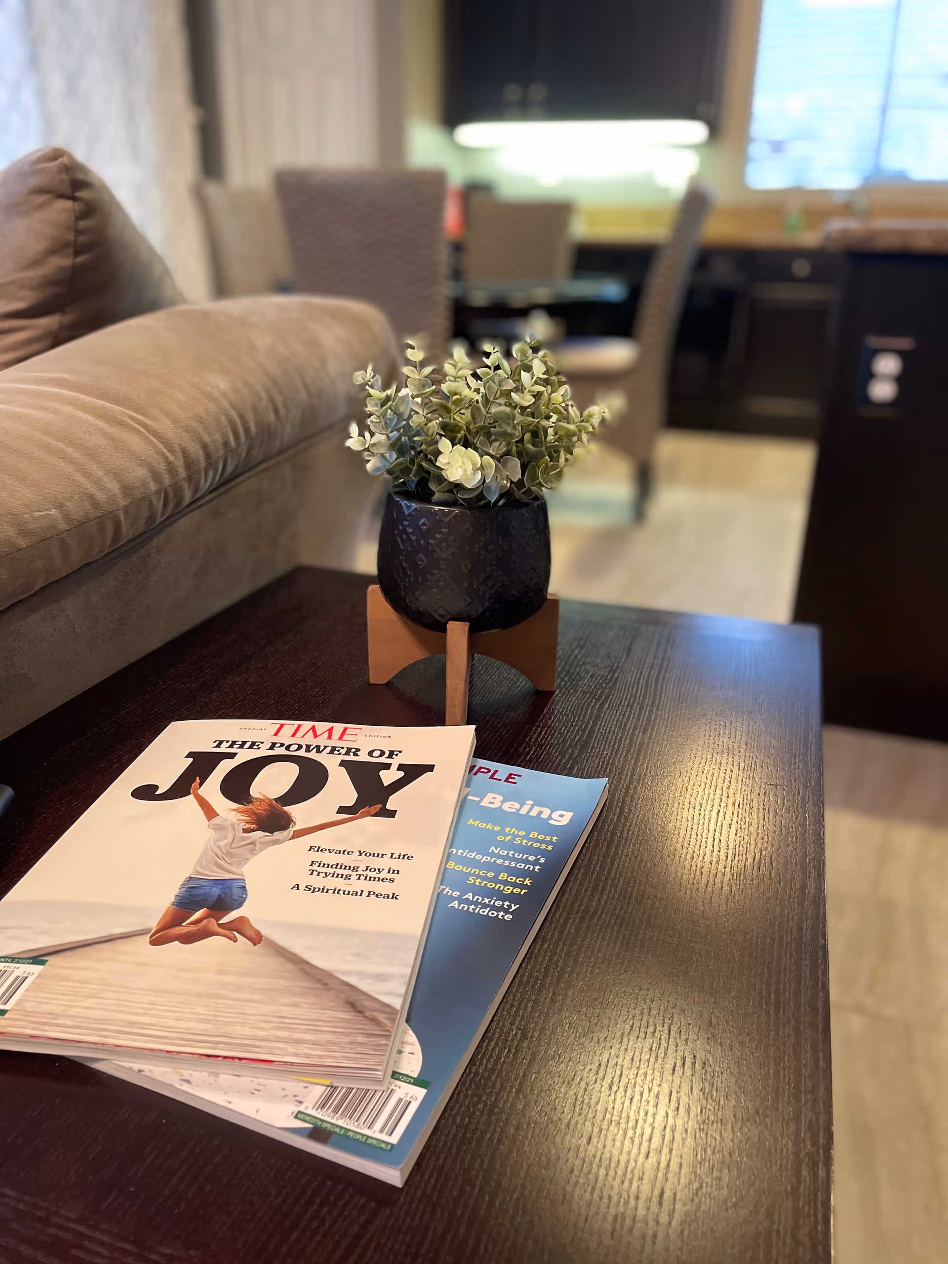 Close-up of a dark wooden coffee table with two magazines and a small potted plant on it. In the background, there is a beige couch and a dining area with chairs and a kitchen visible further back.