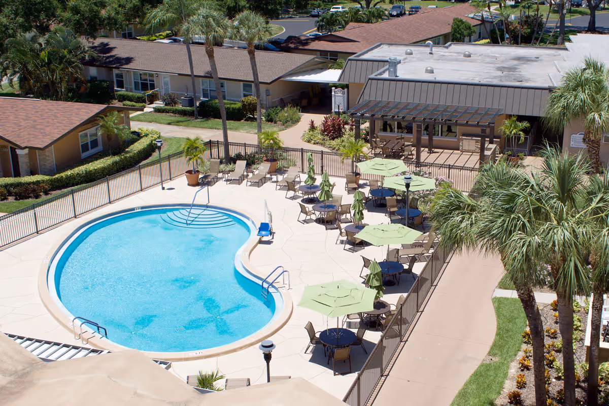 Aerial view of an outdoor swimming pool area at Westminster Suncoast facility, featuring a kidney-shaped pool surrounded by lounge chairs and tables with green umbrellas. The pool area is fenced and adjacent to a building with a shaded patio. Palm trees and landscaped greenery surround the area.