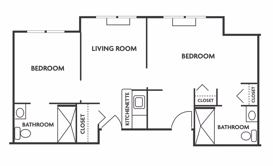 Floor plan layout showing two bedrooms, two bathrooms, a living room, a kitchenette, and closets in a residential unit.