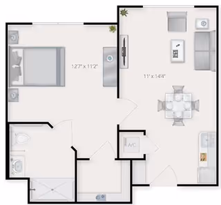 Floor plan of a one-bedroom apartment featuring a bedroom with a bed and two nightstands, a bathroom with a toilet, sink, and shower, and an open living and dining area with a sofa, armchair, coffee table, TV, dining table with four chairs, and a kitchen area with a sink and counter space.