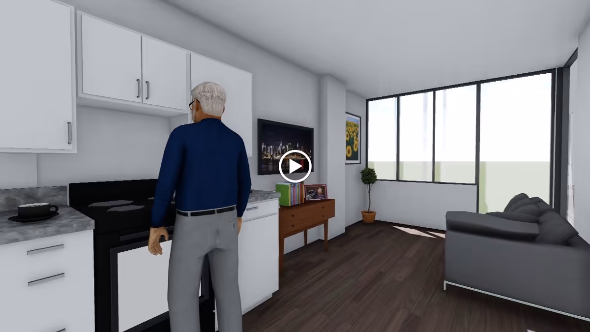 Rendered interior of an apartment with a person at a small kitchenette, a sofa, TV console and large windows.