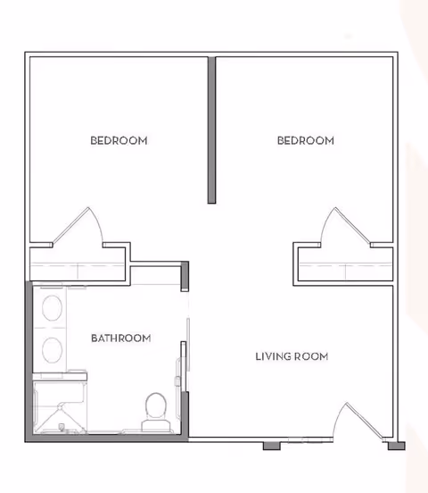 Architectural floor plan showing two bedrooms, one bathroom, and a living room. The bathroom includes a double sink, a shower, and a toilet. Each bedroom has a closet, and the living room has an entrance door.