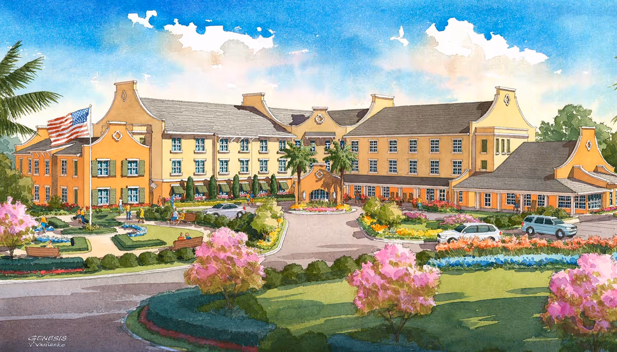 Illustration of a large senior living facility building with a landscaped garden in front, featuring colorful flowers, palm trees, and an American flag. Several cars are parked near the entrance under a bright blue sky with some clouds.