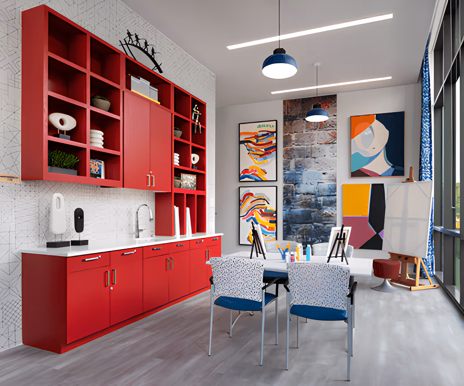 A bright and modern art studio room with red cabinets and shelves on the left wall, decorated with small sculptures and plants. In the center, a white table with art supplies and small easels is surrounded by four blue and white patterned chairs. The back wall features colorful abstract paintings, and a large window on the right lets in natural light. Two blue pendant lights hang from the ceiling.