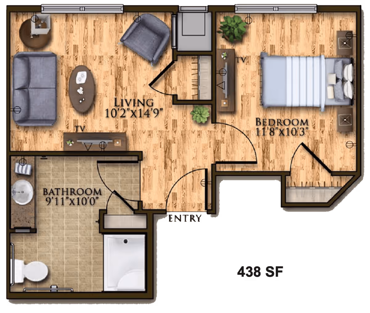 Floor plan of a senior living apartment at Harmony at Savannah showing a living room with sofa, chair, coffee table, and TV, a bedroom with a bed and nightstands, and a bathroom with a sink, toilet, and shower. The total area is 438 square feet.