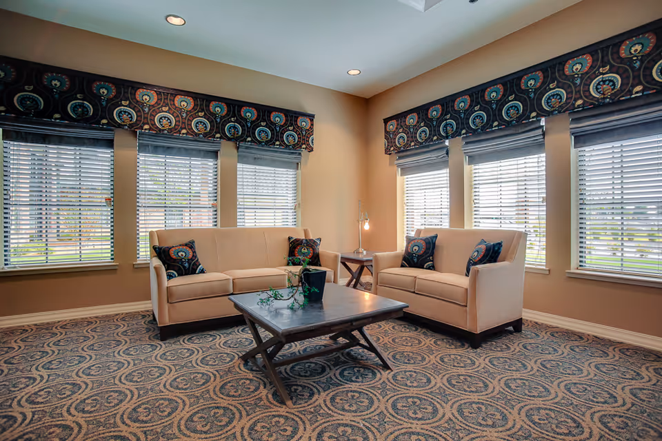 A cozy living room area with two beige sofas facing each other, each adorned with patterned throw pillows. Between the sofas is a wooden coffee table with a small plant on it. The room has multiple windows with blinds and decorative valances featuring a colorful circular pattern. The carpet has a matching intricate design in blue and beige tones. A small side table with a lamp is placed next to one of the sofas.