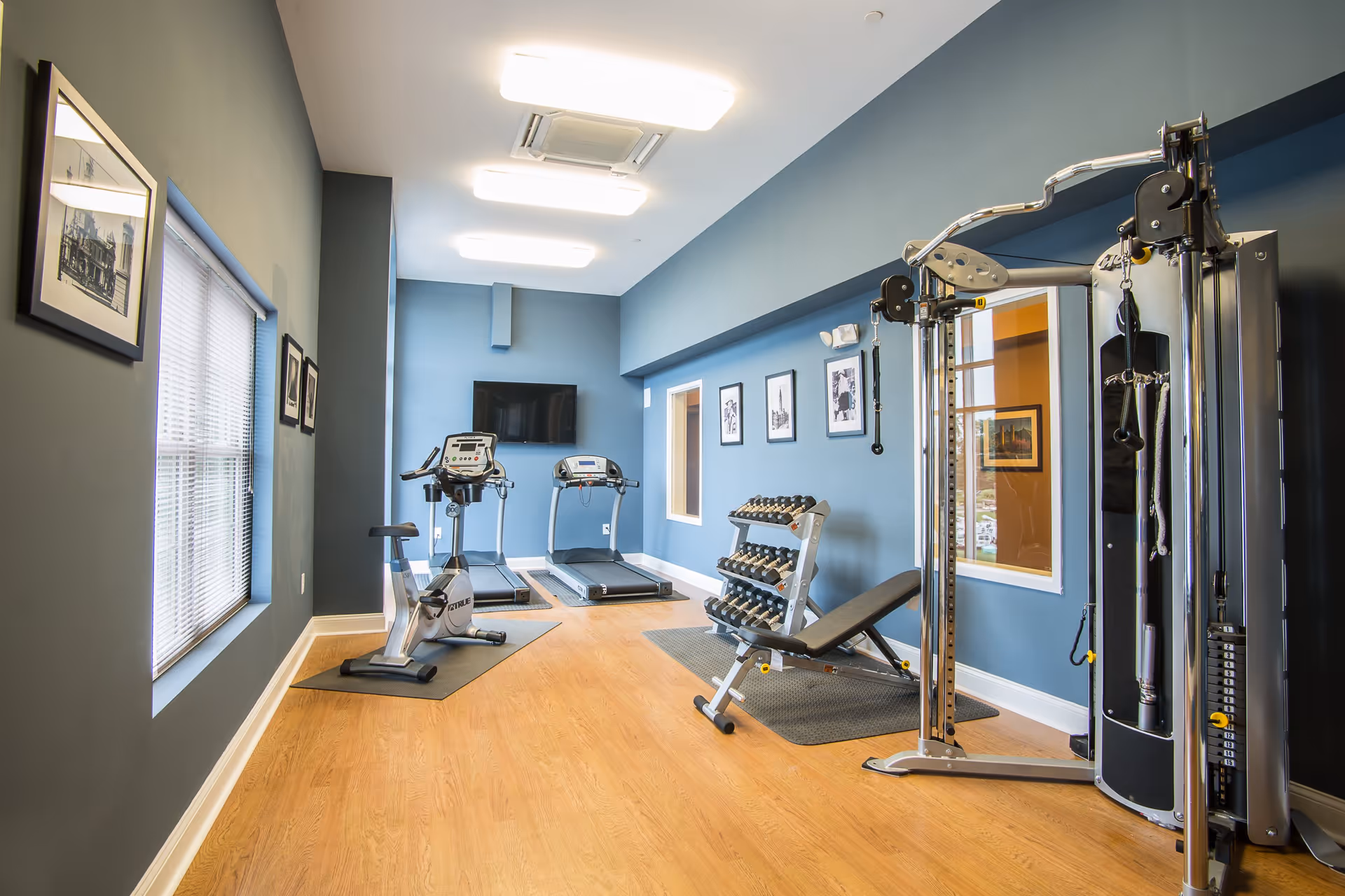A fitness room with light wood flooring and blue walls. The room contains exercise equipment including a stationary bike, two treadmills, a weight bench with dumbbells on a rack, and a multi-functional cable machine. There are framed pictures on the walls and a flat-screen TV mounted on the far wall. Large windows with blinds allow natural light into the space.