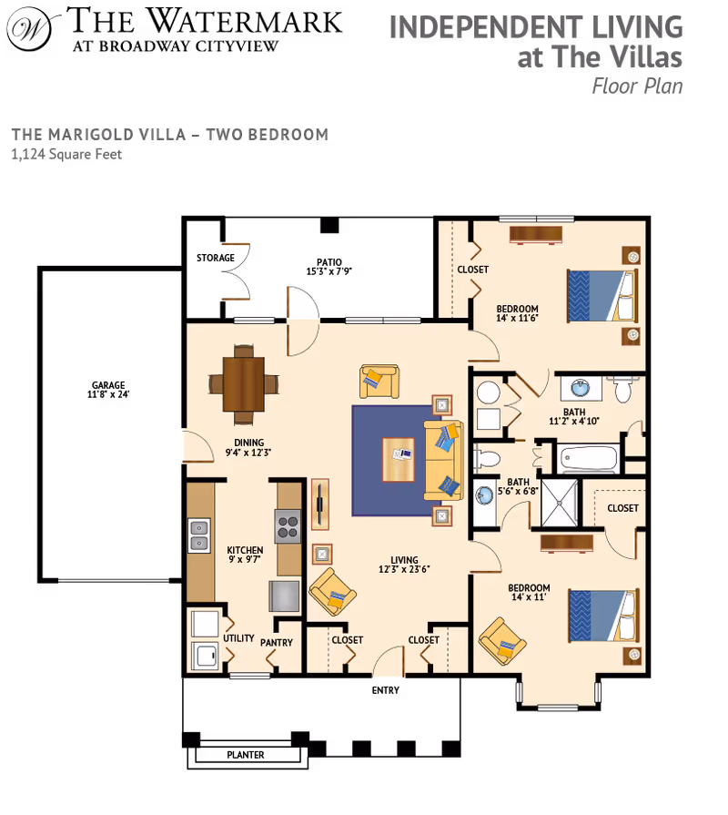 Floor plan of The Marigold Villa, a two-bedroom independent living unit at The Villas, showing a kitchen, dining area, living room, two bedrooms, two bathrooms, utility, pantry, and multiple closets, with dimensions for each room.