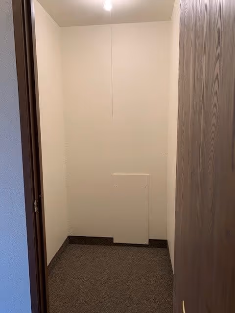 A small empty room with beige walls, a brown carpeted floor, and a wooden door partially open. There is a small rectangular panel on the lower part of the far wall and a single light bulb hanging from the ceiling with a pull string.