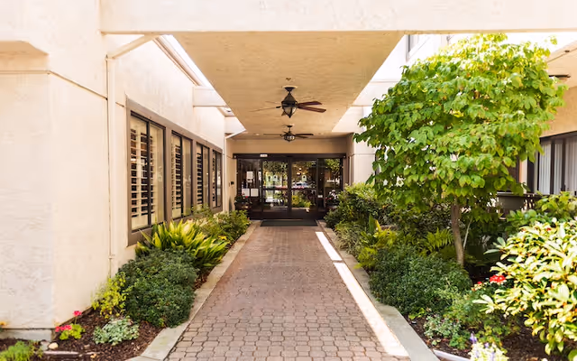 Covered walkway with ceiling fans leading to glass entrance doors, flanked by windows on the left and lush green plants and bushes on both sides.