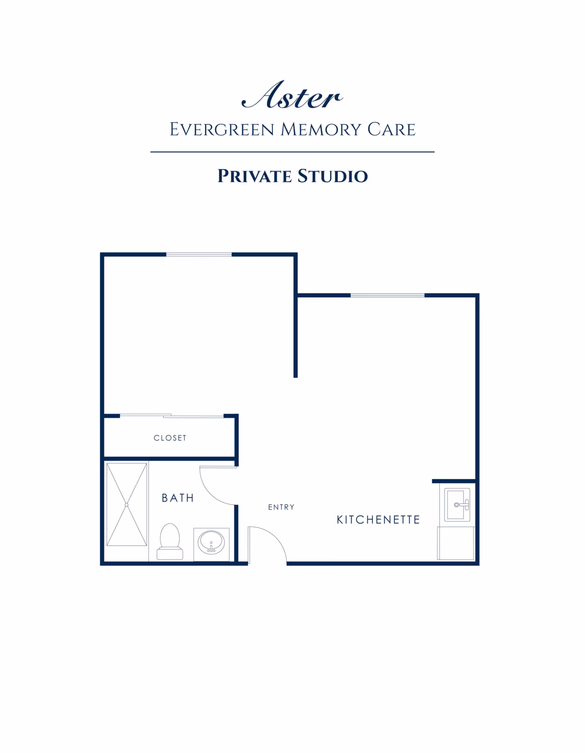 Floor plan labeled 'Aster Evergreen Memory Care Private Studio' showing a private studio layout with entry, kitchenette, bath, and closet.