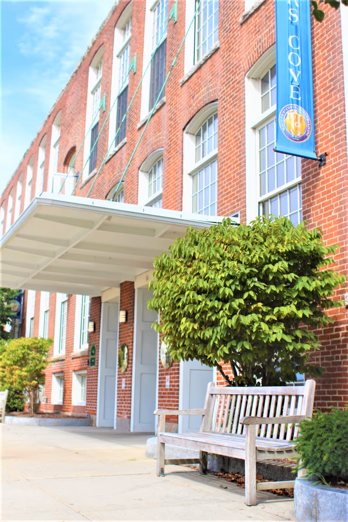 Exterior view of a brick building with large windows and a white canopy over the entrance. A wooden bench is placed on the sidewalk next to a green leafy bush. A blue vertical banner with the text 'Whaler's Cove' hangs on the building.