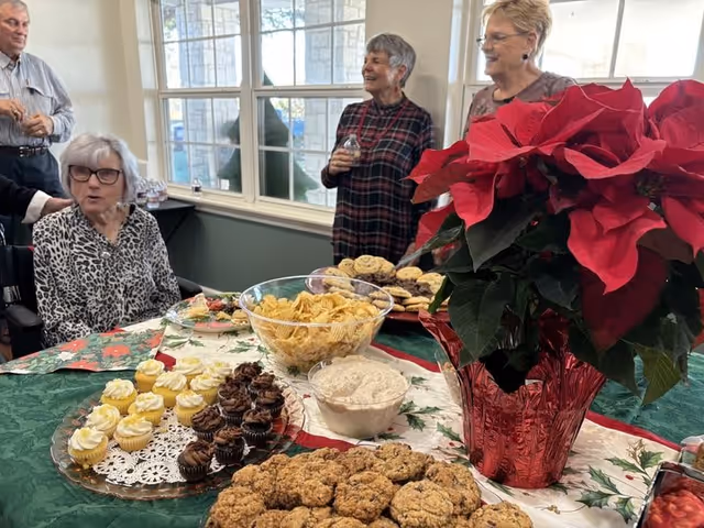 A group of elderly people gathered around a table with various snacks including cupcakes, cookies, chips, and dip. A large red poinsettia plant in a shiny red pot is prominently displayed on the table. The setting appears to be a bright room with large windows.