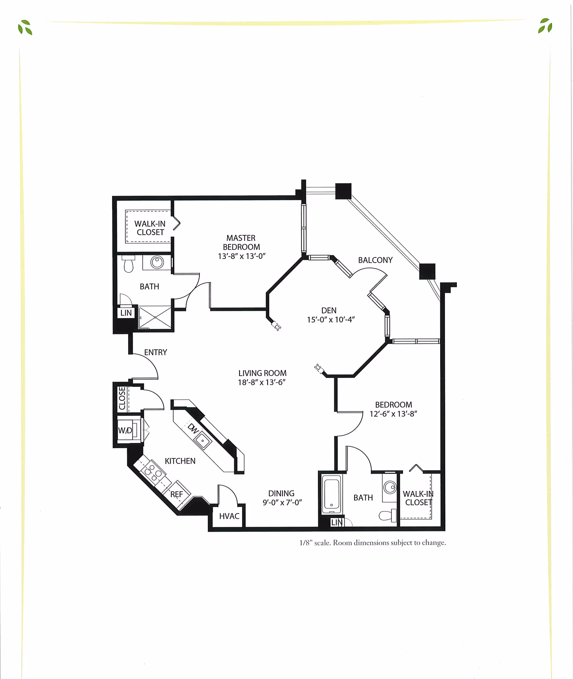 Architectural floor plan of a residential unit at Croasdaile Village showing a master bedroom with walk-in closet and bath, a second bedroom with walk-in closet and bath, a den with balcony access, living room, dining area, kitchen with appliances, entry, closets, and HVAC.