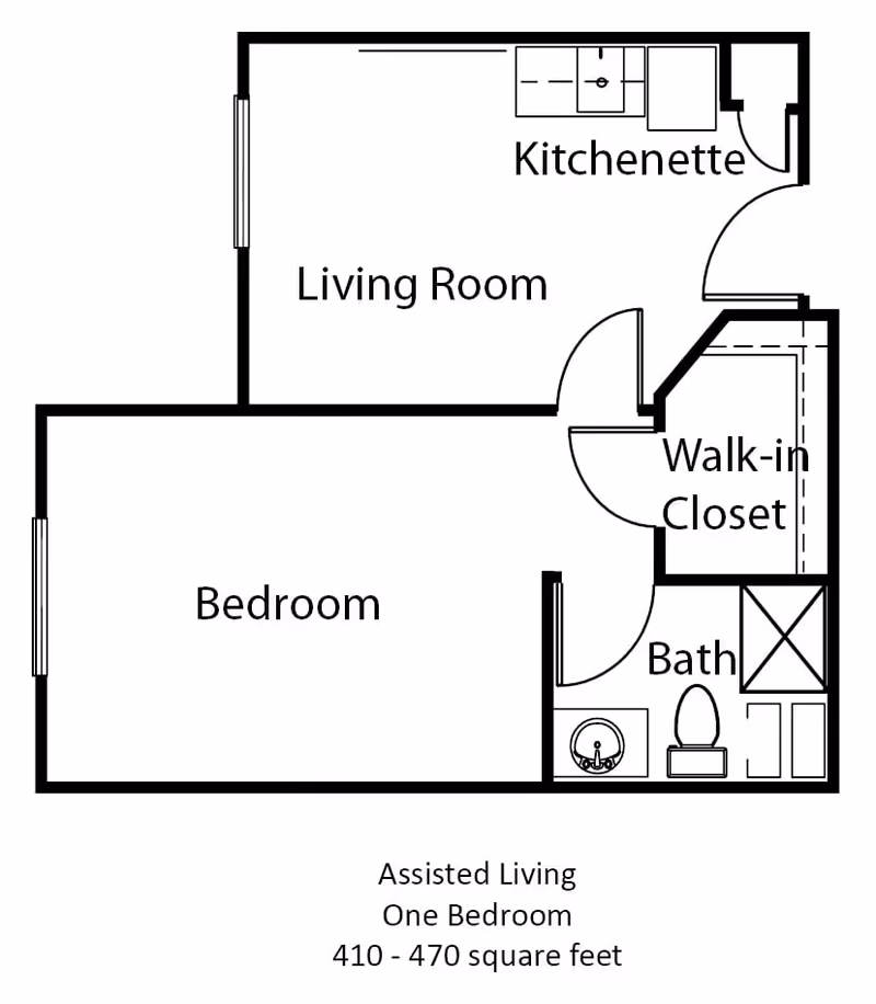 Floor plan of an assisted living one-bedroom unit showing a bedroom, living room with kitchenette, walk-in closet, and bathroom. The unit size ranges from 410 to 470 square feet.